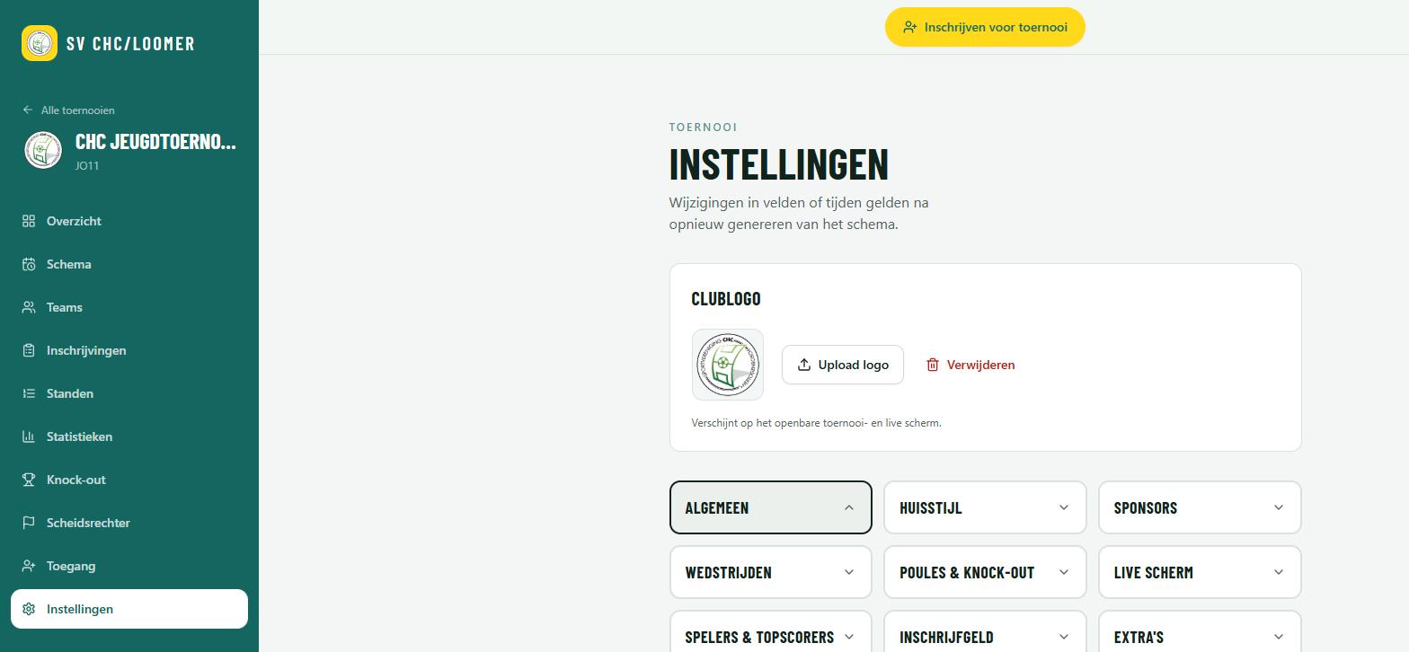 Settings page with tiles for branding, sponsors, matches, and more