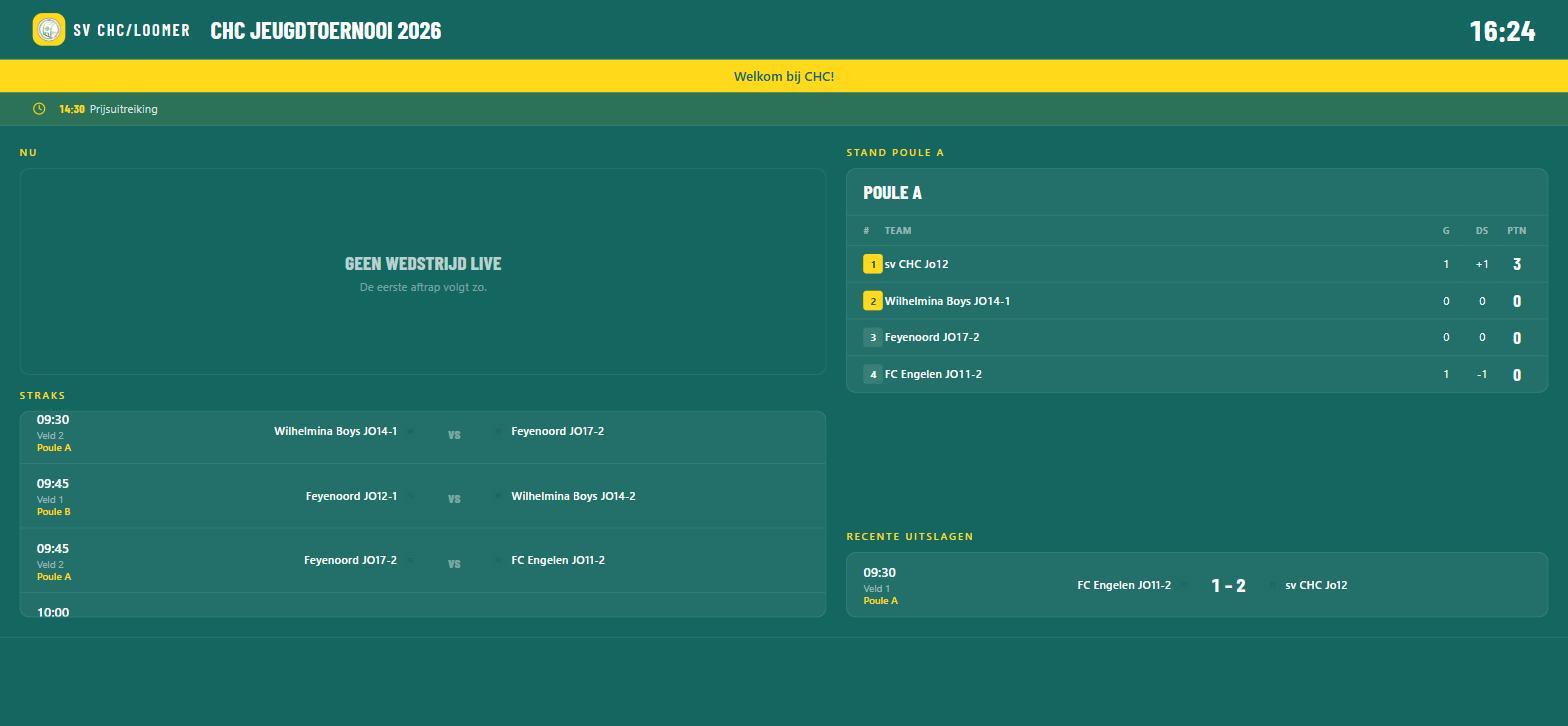Live screen with current standings, upcoming matches, and recent results