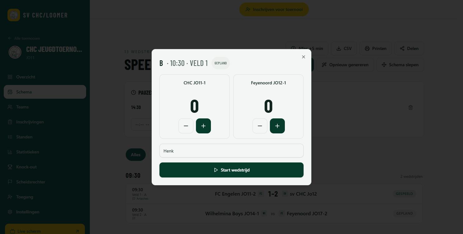 Score dialog with buttons for goals and the "Start match" button