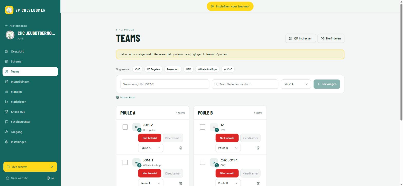 Teams page with team list and pool division